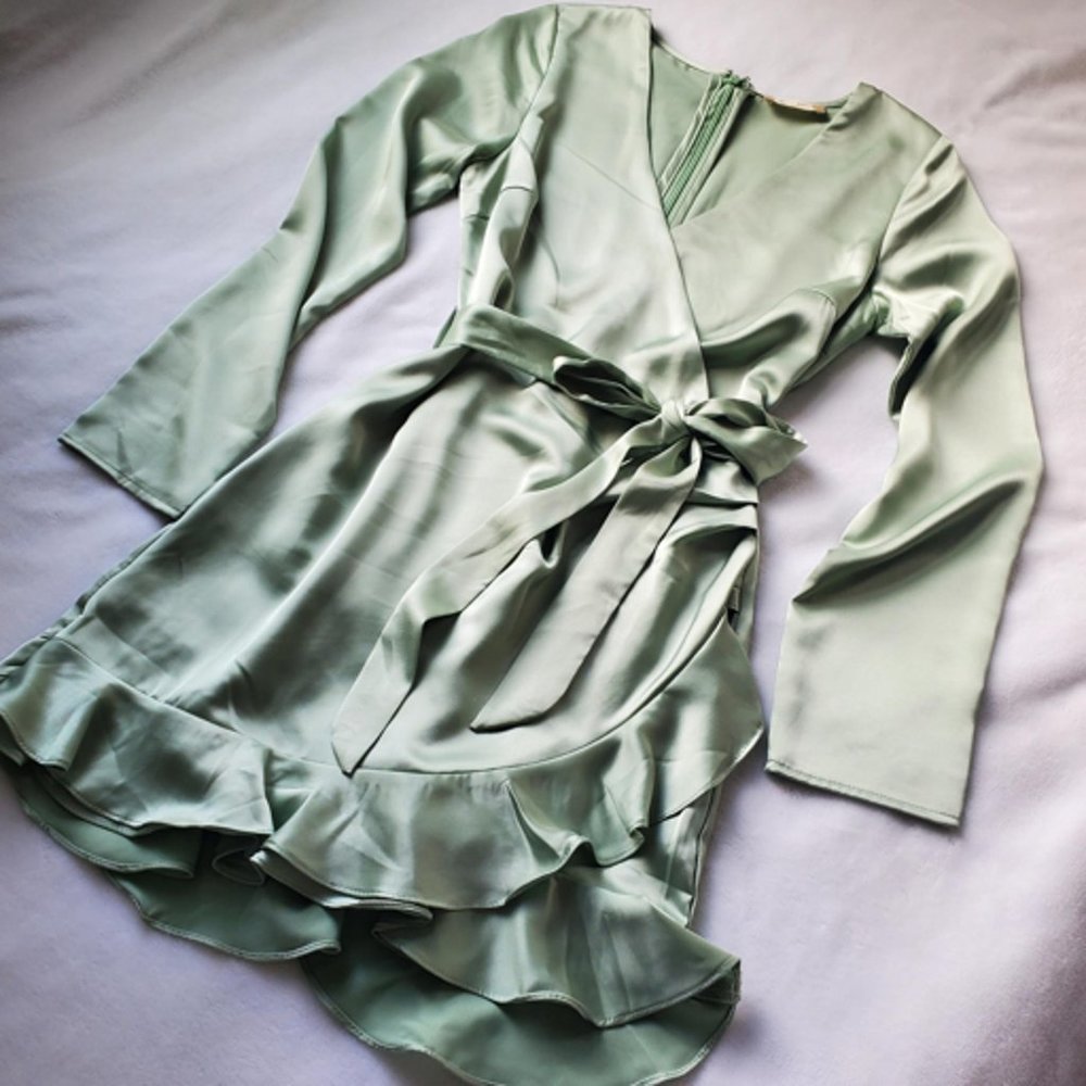 Silky Sage Green Faux Wrap Dress with Long Sleeves and Built in Shorts - NWOT